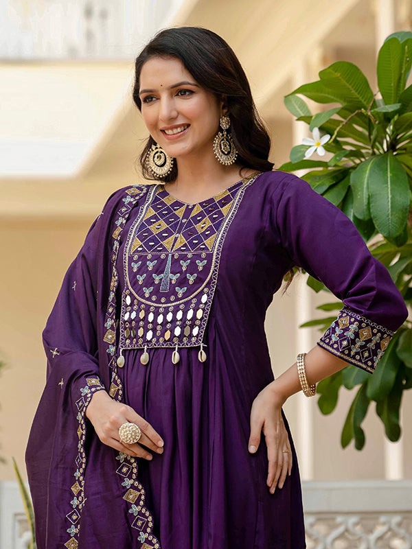 Purple Embroidery With Real Mirror Work Roman Silk Kurti Set