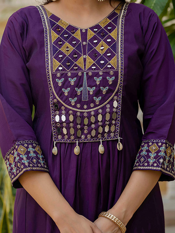 Purple Embroidery With Real Mirror Work Roman Silk Kurti Set