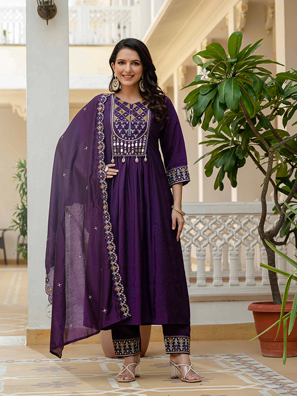 Purple Embroidery With Real Mirror Work Roman Silk Kurti Set