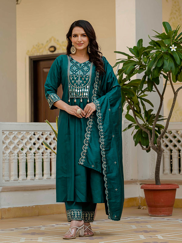 Teal Blue Embroidery With Real Mirror Work Roman Silk Kurti Set