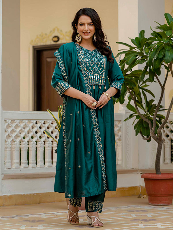 Teal Blue Embroidery With Real Mirror Work Roman Silk Kurti Set