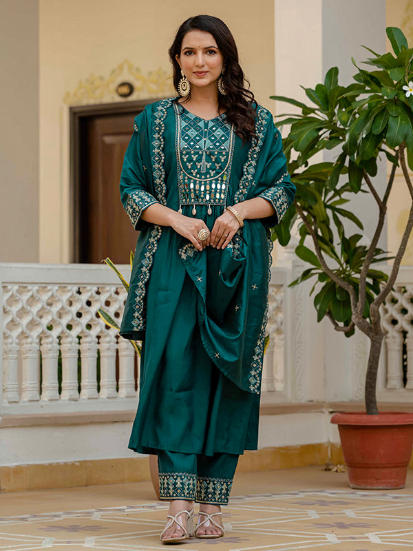 Teal Blue Embroidery With Real Mirror Work Roman Silk Kurti Set