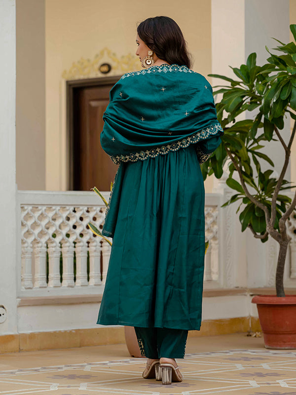 Teal Blue Embroidery With Real Mirror Work Roman Silk Kurti Set