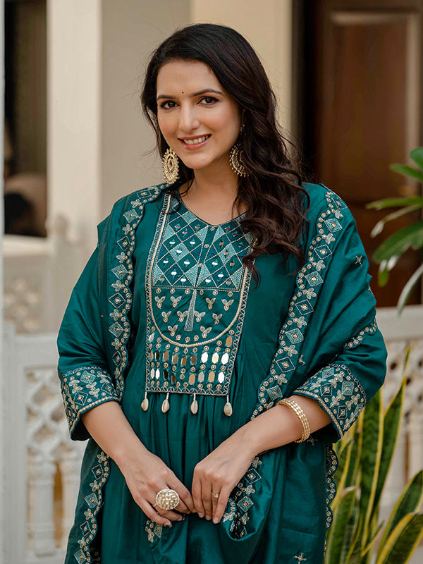Teal Blue Embroidery With Real Mirror Work Roman Silk Kurti Set