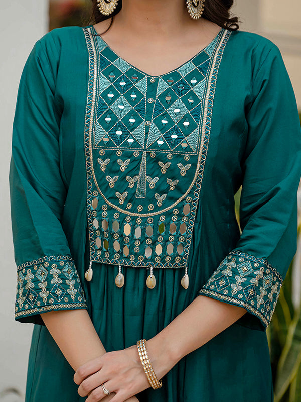 Teal Blue Embroidery With Real Mirror Work Roman Silk Kurti Set