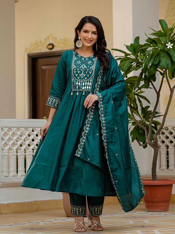 Teal Blue Embroidery With Real Mirror Work Roman Silk Kurti Set