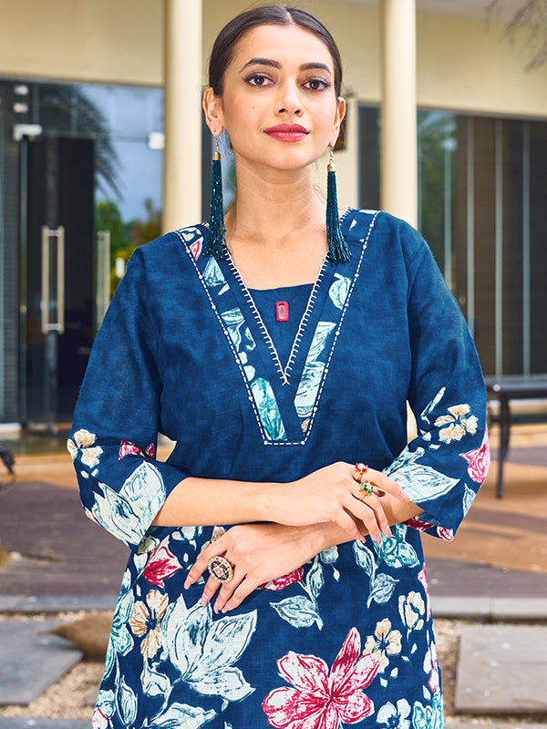 Blue Pure Cotton V Neck A-line Top With Printed Pant