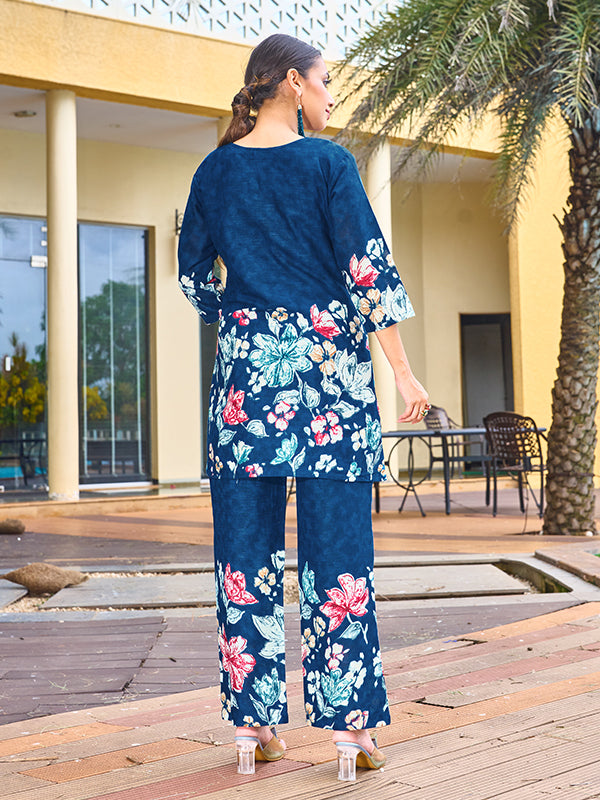 Blue Pure Cotton V Neck A-line Top With Printed Pant