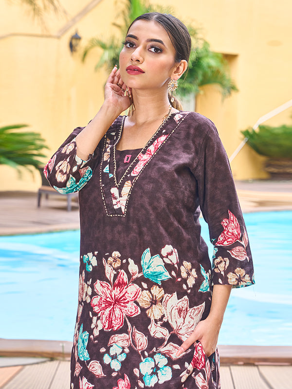 Dark Purple Pure Cotton V Neck A-line Top With Printed Pant