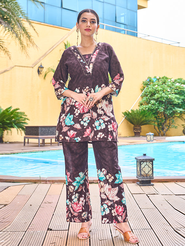 Dark Purple Pure Cotton V Neck A-line Top With Printed Pant