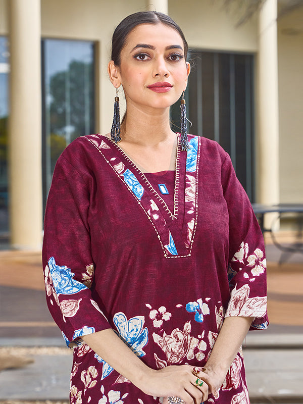Maroon Pure Cotton V Neck A-line Top With Printed Pant