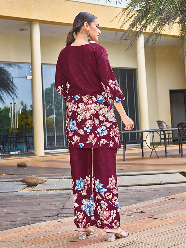 Maroon Pure Cotton V Neck A-line Top With Printed Pant