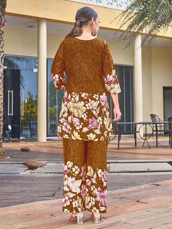 Mustard Yellow Pure Cotton V Neck A-line Top With Printed Pant