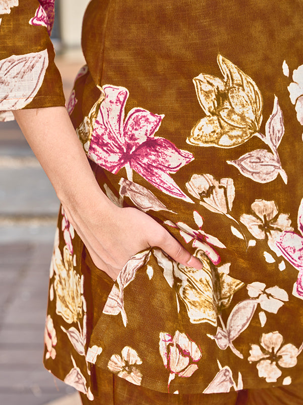 Mustard Yellow Pure Cotton V Neck A-line Top With Printed Pant