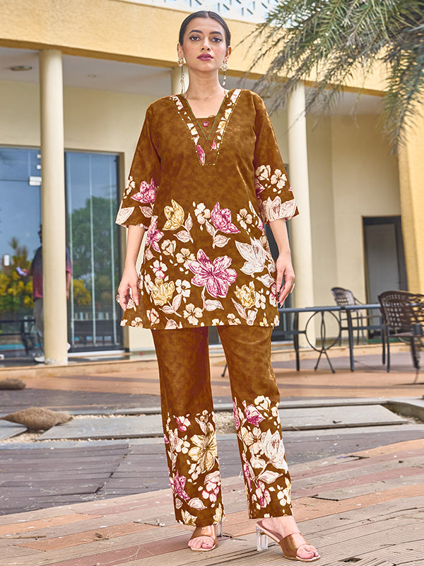 Mustard Yellow Pure Cotton V Neck A-line Top With Printed Pant