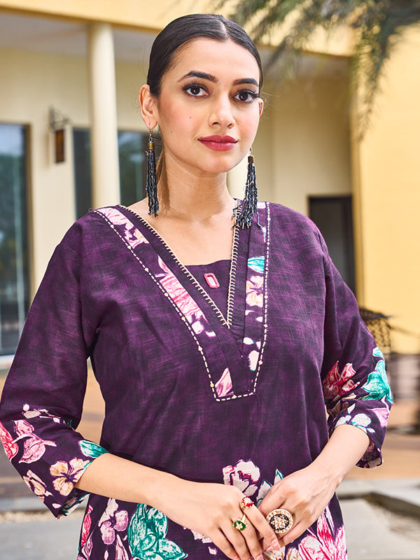 Purple Pure Cotton V Neck A-line Top With Printed Pant