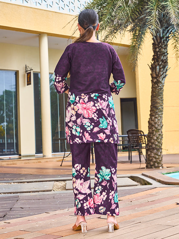 Purple Pure Cotton V Neck A-line Top With Printed Pant