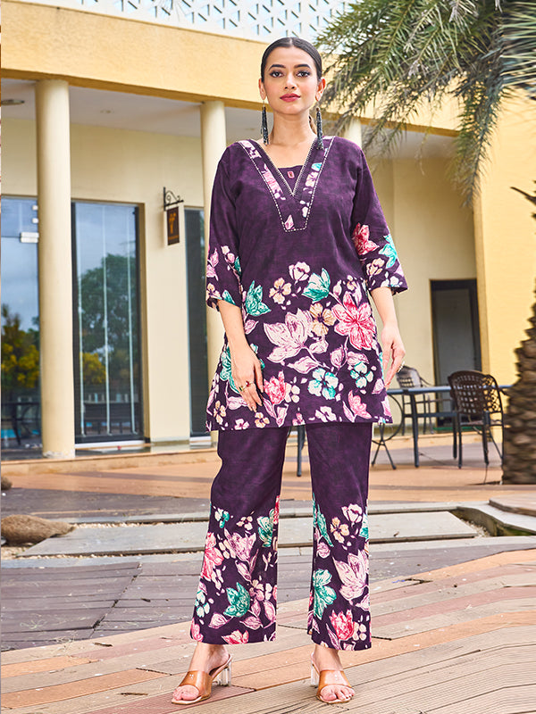 Purple Pure Cotton V Neck A-line Top With Printed Pant