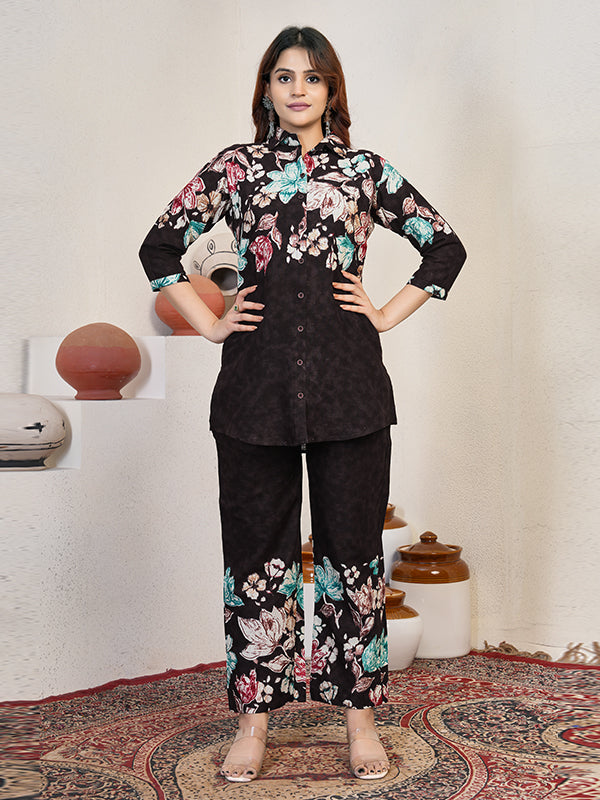 Black Pure Cotton Printed Top With Pant