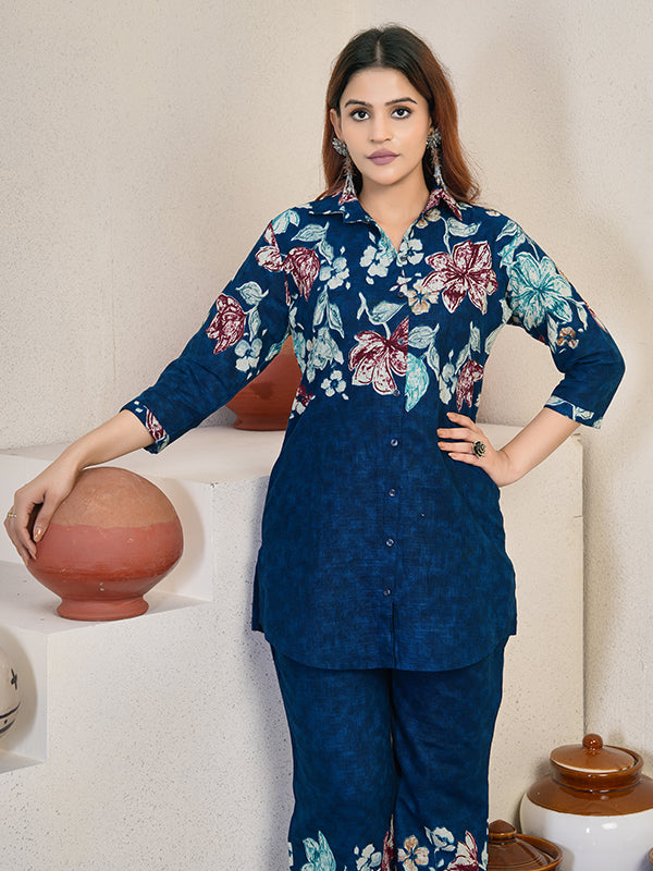 Blue Pure Cotton Printed Top With Pant