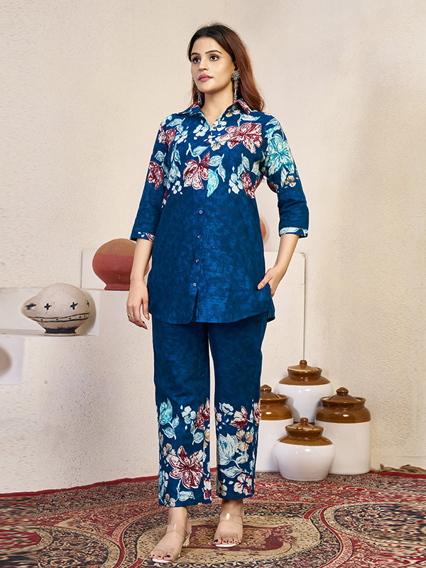 Blue Pure Cotton Printed Top With Pant