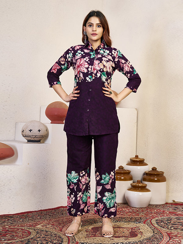 Dark Purple Pure Cotton Printed Top With Pant
