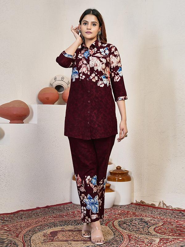 Maroon Pure Cotton Printed Top With Pant