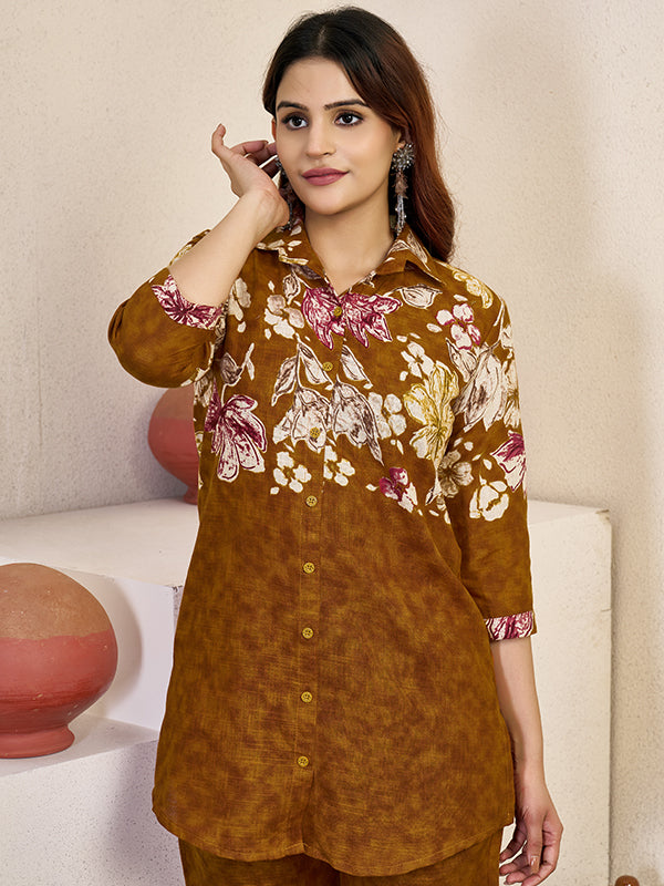 Mustard Yellow Pure Cotton Printed Top With Pant