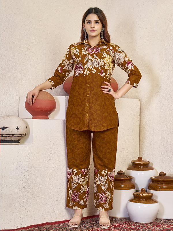 Mustard Yellow Pure Cotton Printed Top With Pant