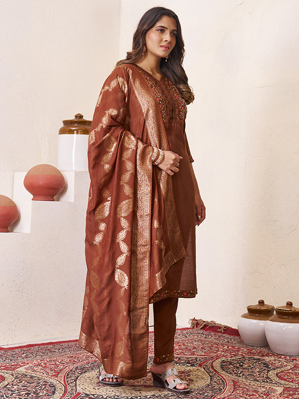 Coffee Maroon Roman Silk Embroidered With Hand Work Kurti Set With Dupatta