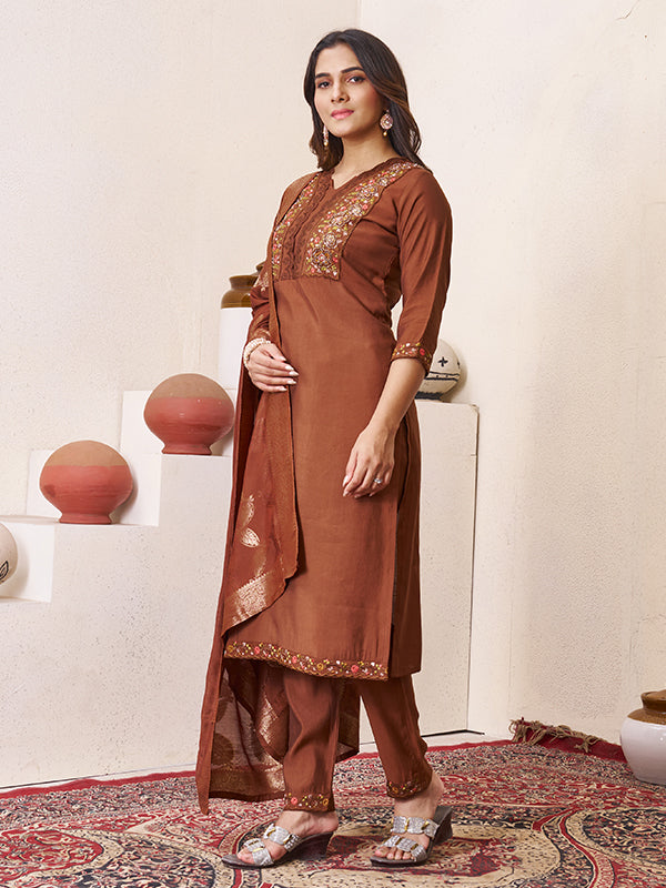 Coffee Maroon Roman Silk Embroidered With Hand Work Kurti Set With Dupatta