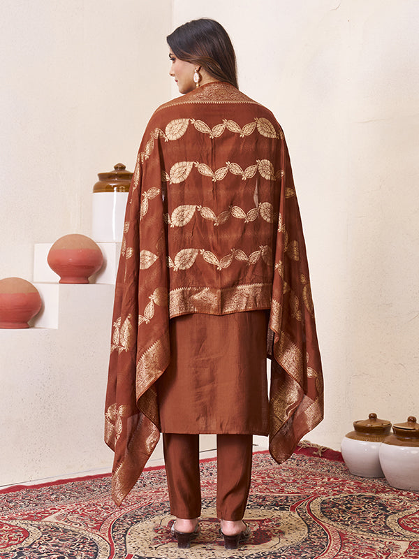 Coffee Maroon Roman Silk Embroidered With Hand Work Kurti Set With Dupatta