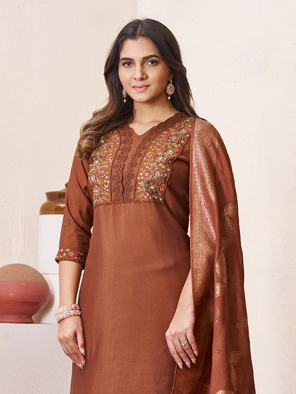 Coffee Maroon Roman Silk Embroidered With Hand Work Kurti Set With Dupatta