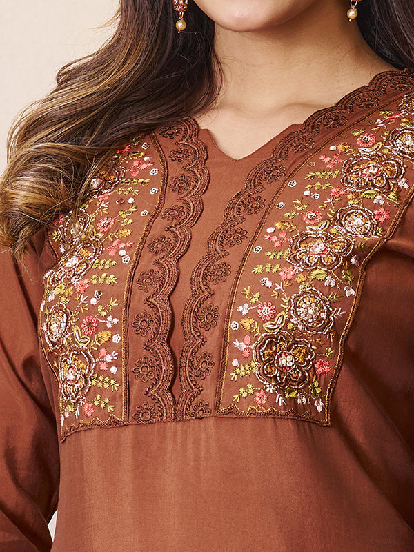 Coffee Maroon Roman Silk Embroidered With Hand Work Kurti Set With Dupatta