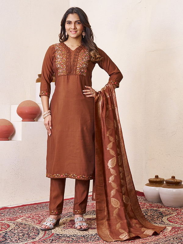 Coffee Maroon Roman Silk Embroidered With Hand Work Kurti Set With Dupatta