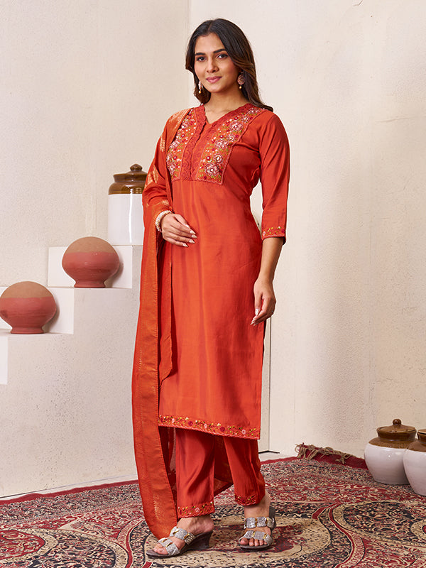 Rust Orange Roman Silk Embroidered With Hand Work Kurti Set With Dupatta