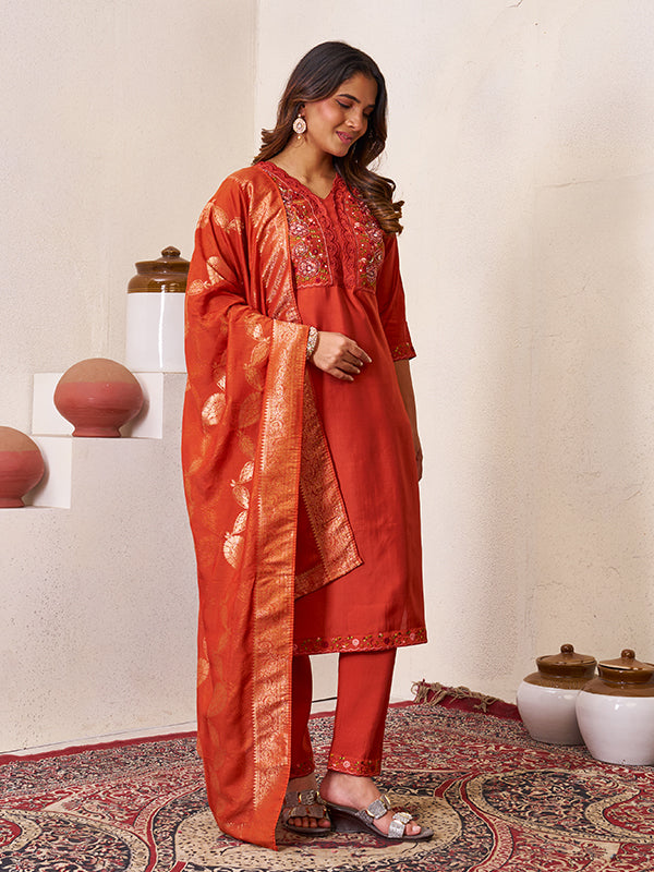 Rust Orange Roman Silk Embroidered With Hand Work Kurti Set With Dupatta