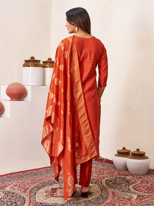 Rust Orange Roman Silk Embroidered With Hand Work Kurti Set With Dupatta