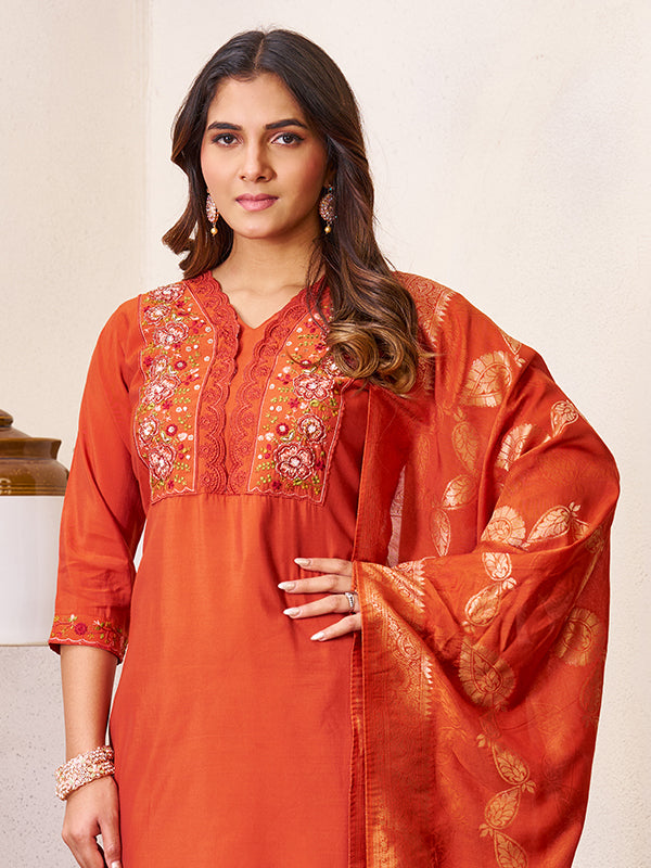 Rust Orange Roman Silk Embroidered With Hand Work Kurti Set With Dupatta
