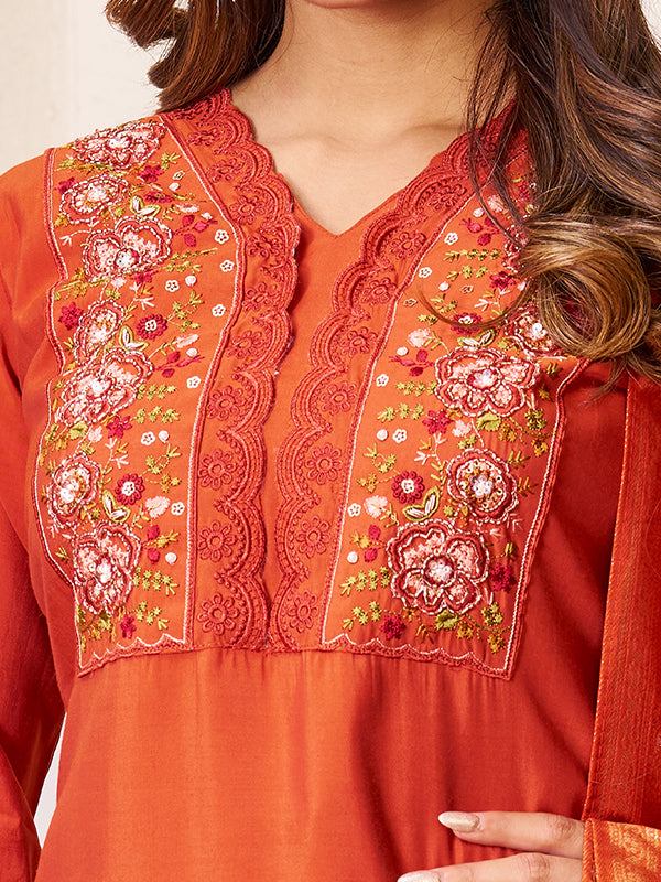 Rust Orange Roman Silk Embroidered With Hand Work Kurti Set With Dupatta