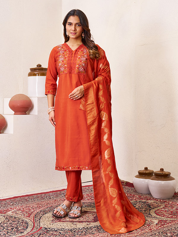 Rust Orange Roman Silk Embroidered With Hand Work Kurti Set With Dupatta