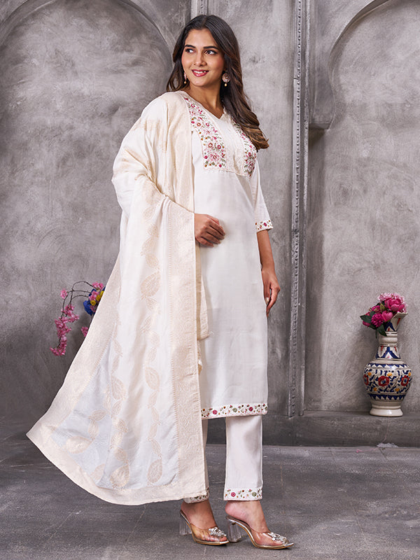 White Roman Silk Embroidered With Hand Work Kurti Set With Dupatta