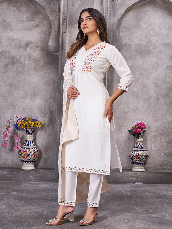 White Roman Silk Embroidered With Hand Work Kurti Set With Dupatta