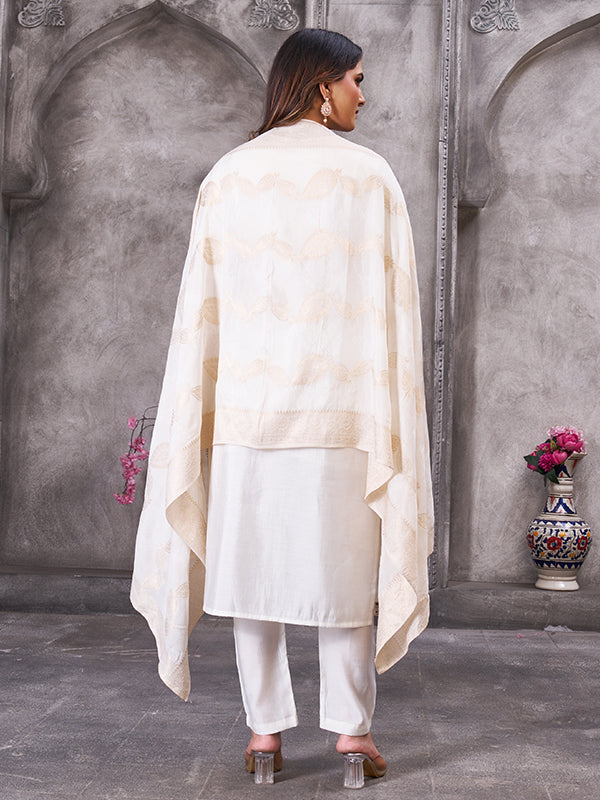 White Roman Silk Embroidered With Hand Work Kurti Set With Dupatta