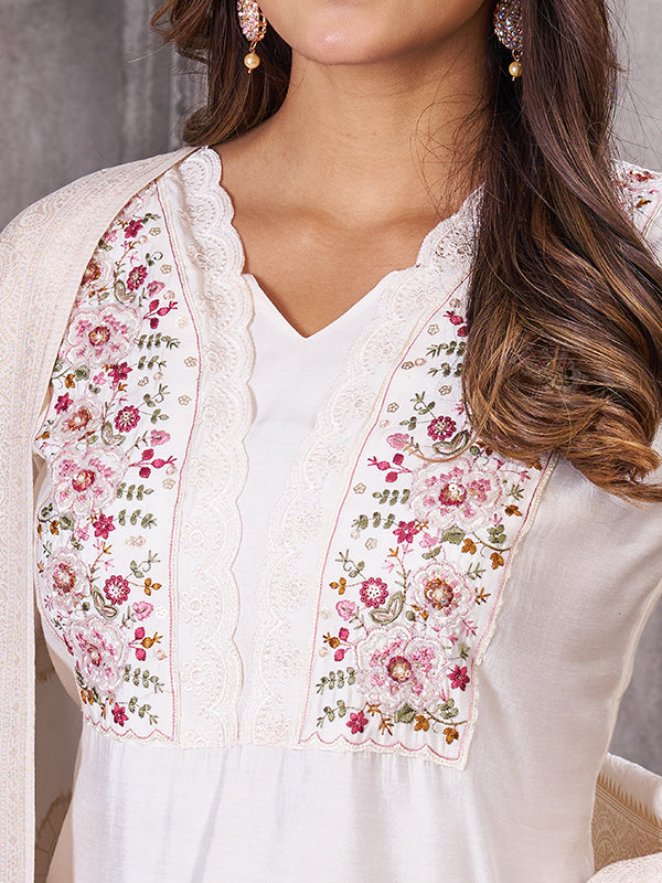 White Roman Silk Embroidered With Hand Work Kurti Set With Dupatta