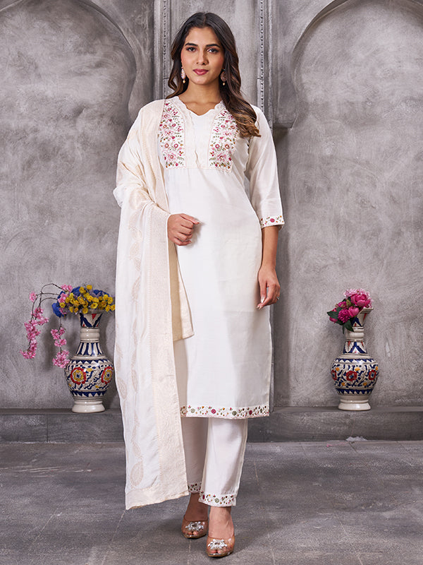 White Roman Silk Embroidered With Hand Work Kurti Set With Dupatta