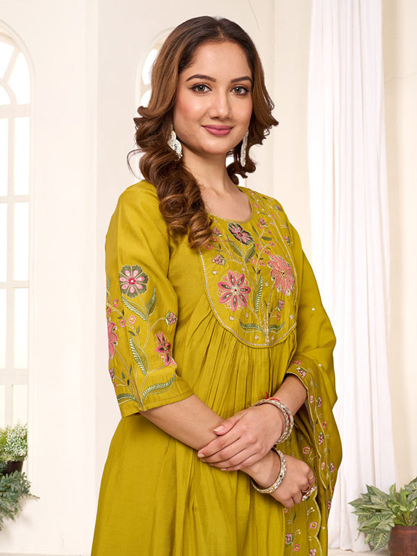 Mehndi Green Embroidery Thread Work Viscose Roman Silk Anarkali Kurti Set