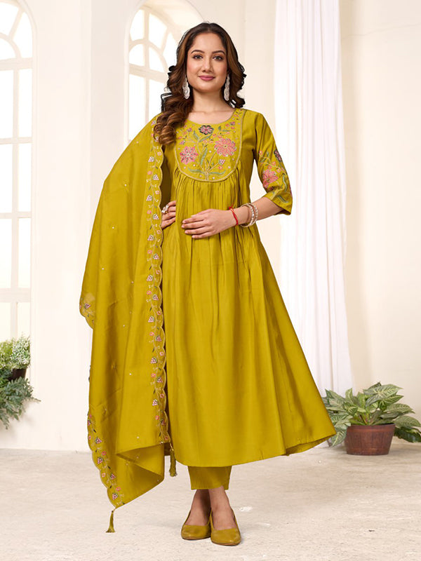 Mehndi Green Embroidery Thread Work Viscose Roman Silk Anarkali Kurti Set