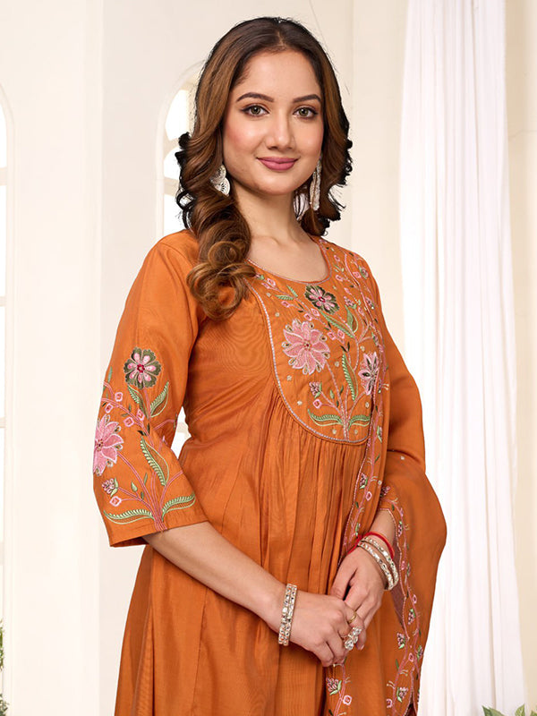 Orange Embroidery Thread Work Viscose Roman Silk Anarkali Kurti Set