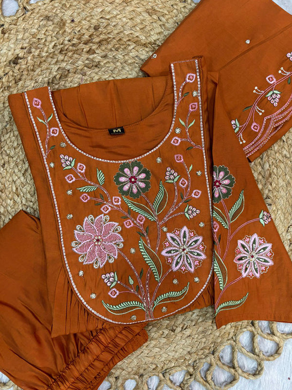 Orange Embroidery Thread Work Viscose Roman Silk Anarkali Kurti Set